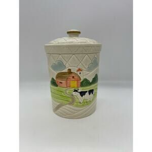 Otagiri Canister Ceramic Barn Cow Strainer Quilted Farm style 1982